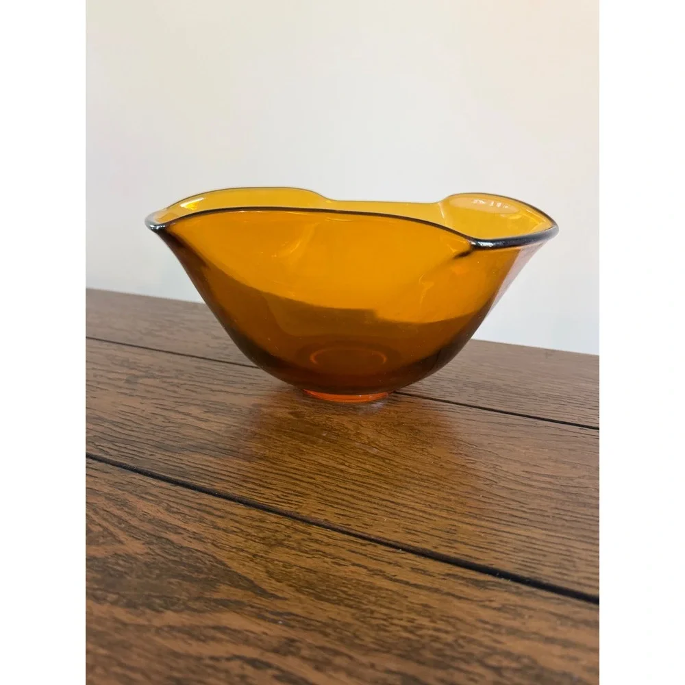 Amber Glass bowl MCM Tri-Corner Art Glass Centerpiece heavy thick
